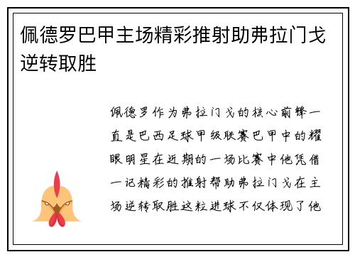 佩德罗巴甲主场精彩推射助弗拉门戈逆转取胜